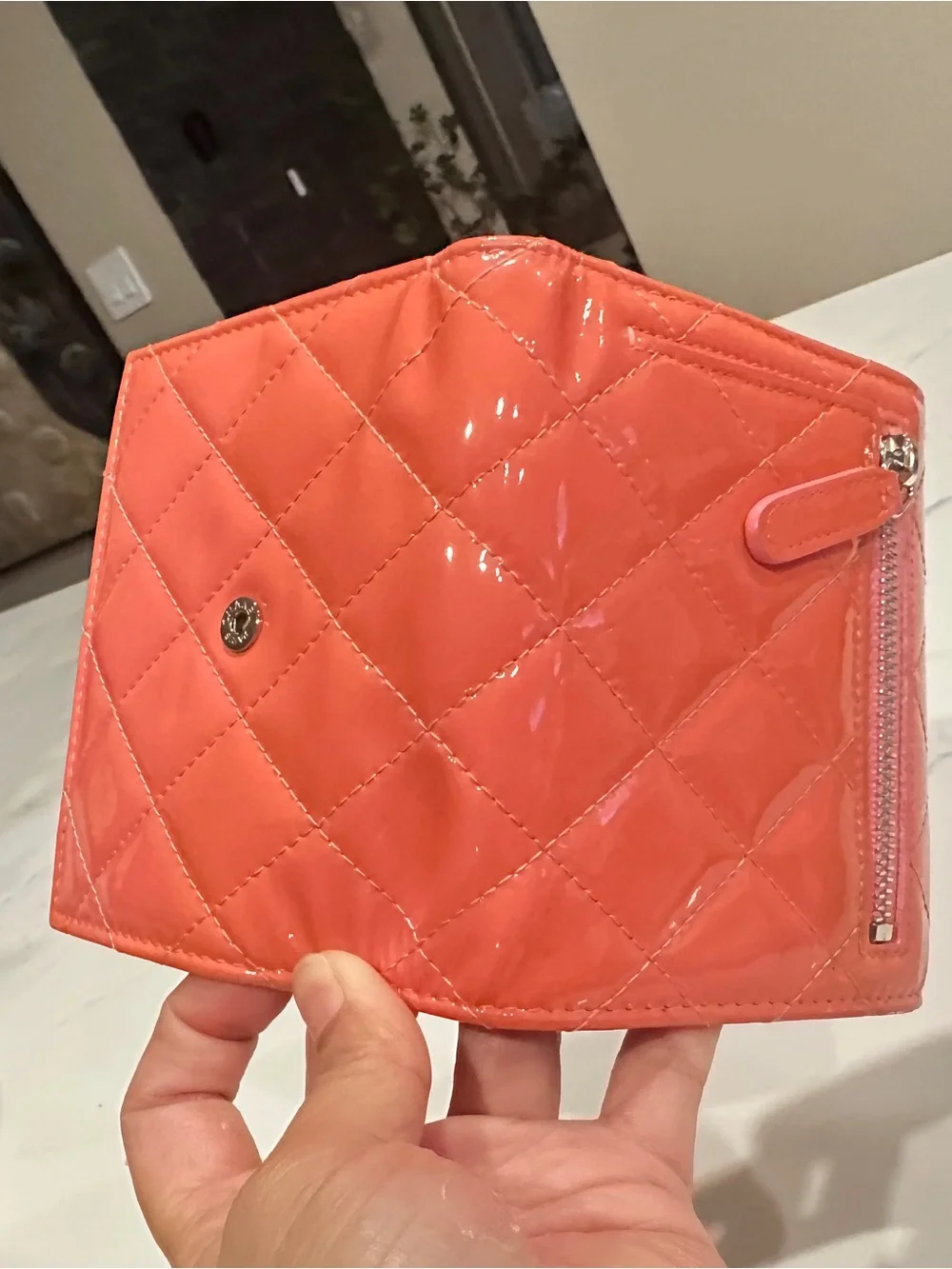 CHANEL Quilted Patent Leather Mini Wallet - Bright Coral Orange